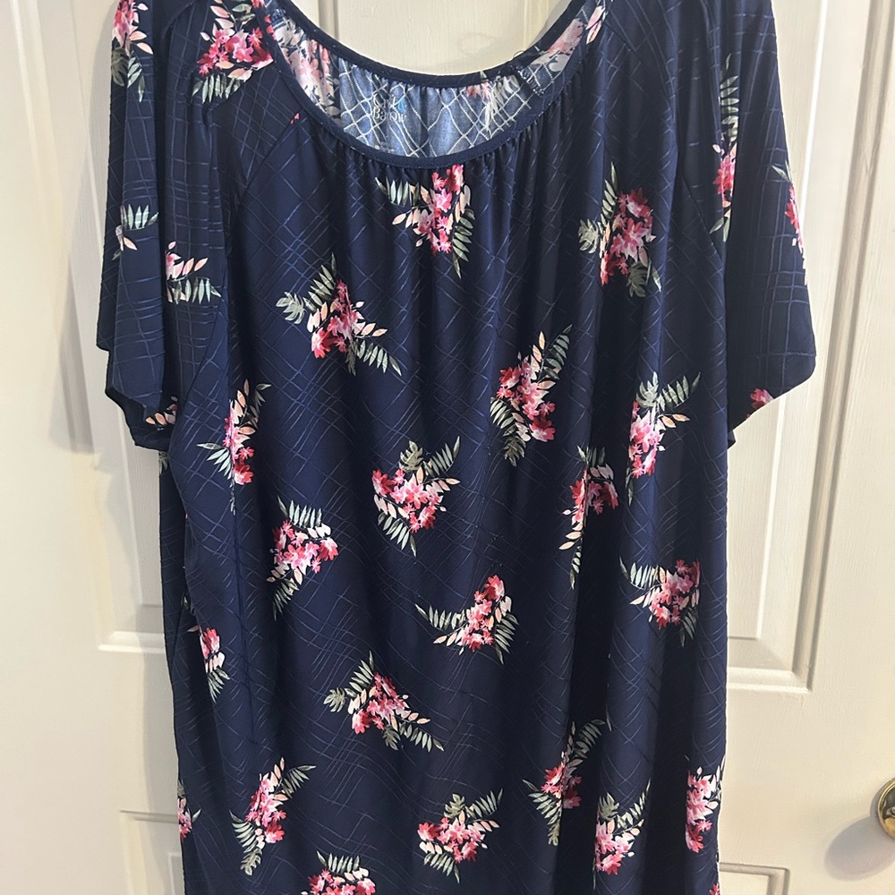 Croft & Barrow Blue Relaxed Blouse with Pink Floral Print